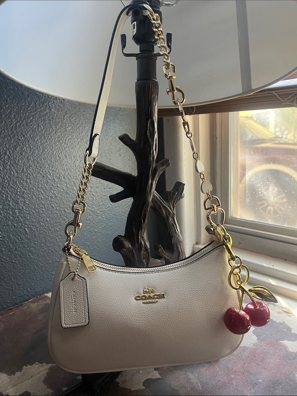 Coach Cream Pebbled Leather Shoulder Bag with Cherry Charm